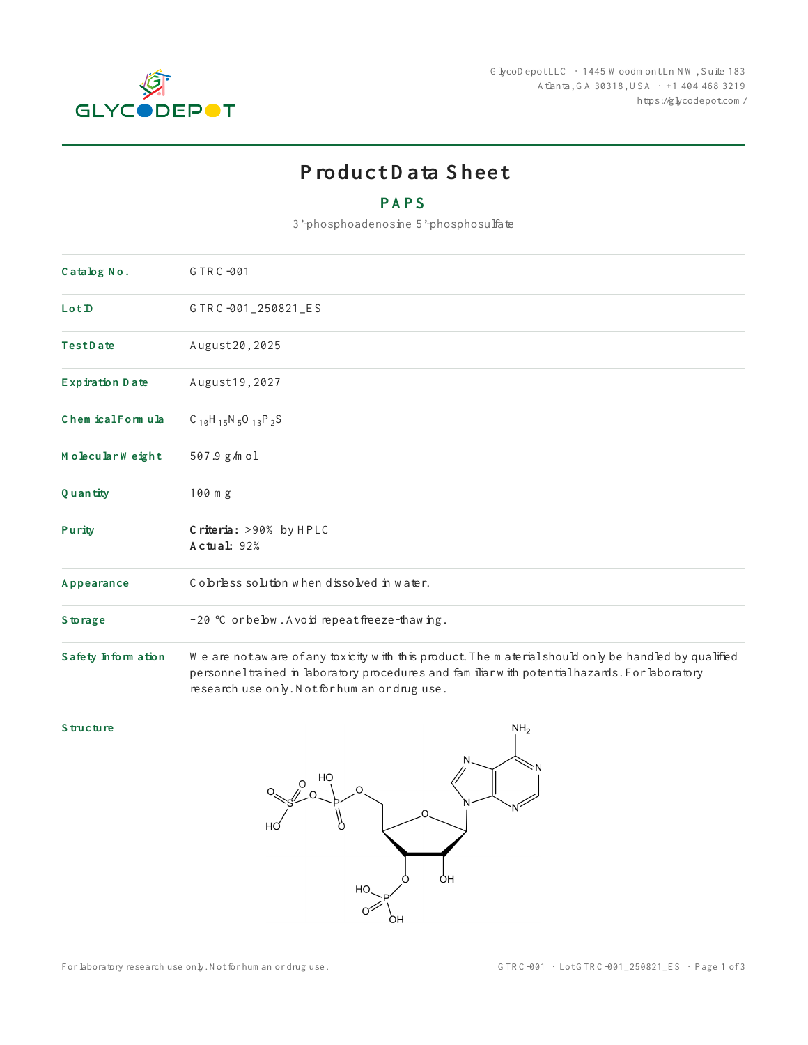 PAPS lot GTRC-001_250821_ES: Lot specification and structure